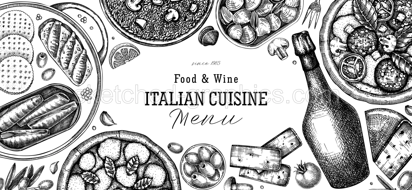  Italian food and drinks vector background. Hand drawn pizza, pasta, prosecco, risotto and tinned fish frame. Mediterranean cuisine ingredients illustrations. Vintage restaurant menu design template.  Illustration